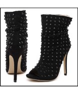 Italian Black Suede Faux Leather Peep Toe Metal Micro Stud Stiletto Ankle Boots  - £94.87 GBP