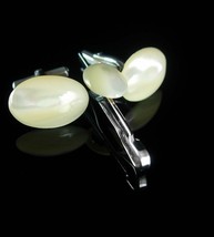 Haunted Vintage cufflinks large MOP Mother Of Pearl tie clip hallmarked wedding  - £68.52 GBP