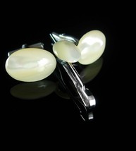 Haunted Vintage cufflinks large MOP Mother Of Pearl tie clip hallmarked wedding  - £66.68 GBP