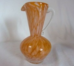 Pilgrim Crystal Handle Orange &amp; White Splatter Glass Pitcher 6&quot; High Hand Blown - £8.35 GBP