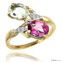 Size 10 - 14k Gold ( 8x6 mm ) Double Stone Engagement Green Amethyst &amp; Pink  - £431.01 GBP