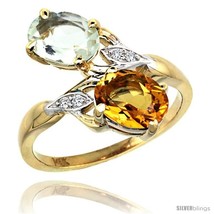 Size 6.5 - 14k Gold ( 8x6 mm ) Double Stone Engagement Green Amethyst &amp; Citrine  - £411.60 GBP