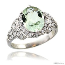 Size 8 - 14k White Gold Natural Green Amethyst Ring 10x8 mm Oval Shape Diamond  - £1,112.32 GBP