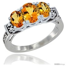 Size 8.5 - 14K White Gold Natural Citrine Ring 3-Stone Oval with Diamond  - £572.89 GBP