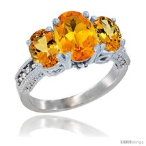 Size 10 - 14K White Gold Ladies 3-Stone Oval Natural Citrine Ring Diamond  - £649.28 GBP