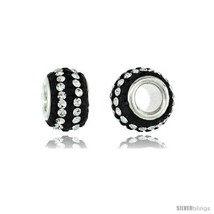 Sterling Silver Crystal Bead Charm Black &amp; 2 Lines Of White Color w/ Swarovski  - £10.73 GBP