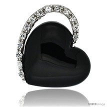 Sterling Silver Black Enameled Heart Pendant Slide w/ Cubic Zirconia Stones,  - £20.39 GBP