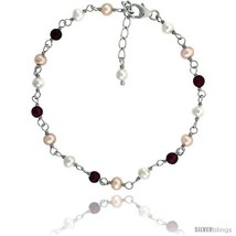 Sterling silver Pearl Bracelet Freshwater 4 mm Pearl &amp; Garnet Beads Rhodium  - £48.48 GBP