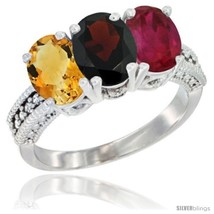 Size 6 - 14K White Gold Natural Citrine, Garnet &amp; Ruby Ring 3-Stone 7x5 mm Oval  - £574.60 GBP