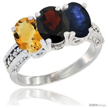 Size 5 - 14K White Gold Natural Citrine, Garnet &amp; Blue Sapphire Ring 3-Stone  - £620.23 GBP