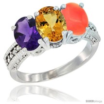 Size 7 - 14K White Gold Natural Amethyst, Citrine &amp; Coral Ring 3-Stone 7x5 mm  - £536.62 GBP