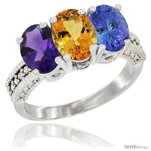 Size 5 - 14K White Gold Natural Amethyst, Citrine &amp; Tanzanite Ring 3-Stone 7x5  - £614.10 GBP