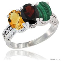 Size 7 - 14K White Gold Natural Citrine, Garnet &amp; Malachite Ring 3-Stone 7x5 mm  - £569.56 GBP