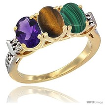 Size 10 - 10K Yellow Gold Natural Amethyst, Tiger Eye &amp; Malachite Ring 3-Stone  - £430.65 GBP