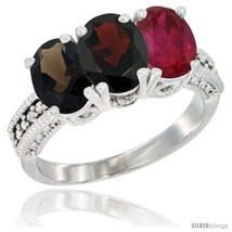 Size 10 - 10K White Gold Natural Smoky Topaz, Garnet &amp; Ruby Ring 3-Stone Oval  - $562.26