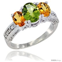 Size 8 - 14k White Gold Ladies Oval Natural Peridot 3-Stone Ring with Citrine  - £563.68 GBP