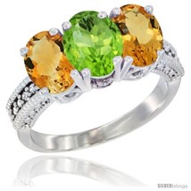 Size 7.5 - 14K White Gold Natural Peridot &amp; Citrine Sides Ring 3-Stone 7x5 mm  - £581.39 GBP