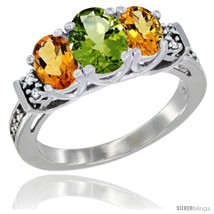 Size 8.5 - 14K White Gold Natural Peridot &amp; Citrine Ring 3-Stone Oval with  - £572.89 GBP
