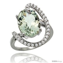 Size 9.5 - 14k White Gold Natural Green Amethyst Ring Oval 14x10 Diamond  - £970.84 GBP