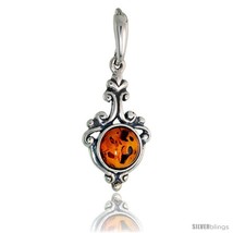 Sterling Silver Russian Baltic Amber Pendant w/ 8mm Round-shaped Cabochon Cut  - £30.89 GBP