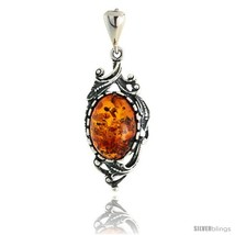 Sterling Silver Russian Baltic Amber Pendant w/ Leaves, w/ 14x10mm Oval-shaped  - £40.74 GBP