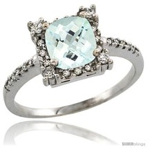 Size 7 - 10k White Gold Diamond Halo Aquamarine Ring 1.2 ct Checkerboard Cut  - £331.27 GBP