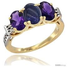 Size 7.5 - 10K Yellow Gold Natural Lapis &amp; Amethyst Sides Ring 3-Stone Oval 7x5  - £407.97 GBP