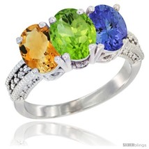 Size 9 - 14K White Gold Natural Citrine, Peridot &amp; Tanzanite Ring 3-Stone 7x5  - £612.20 GBP