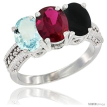 Size 6 - 10K White Gold Natural Aquamarine, Ruby &amp; Black Onyx Ring 3-Stone Oval  - $599.79