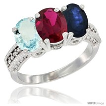 Size 9.5 - 10K White Gold Natural Aquamarine, Ruby &amp; Blue Sapphire Ring 3-Stone  - £520.42 GBP