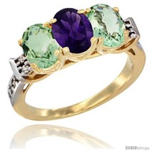 Size 7 - 10K Yellow Gold Natural Amethyst &amp; Green Amethyst Sides Ring 3-Stone  - £446.98 GBP