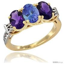 0k yellow gold natural tanzanite amethyst sides ring 3 stone oval 7x5 mm diamond accent thumb200