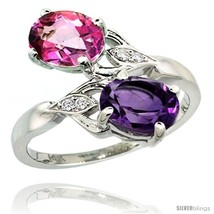 Size 10 - 14k White Gold ( 8x6 mm ) Double Stone Engagement Amethyst &amp; Pink  - £431.01 GBP