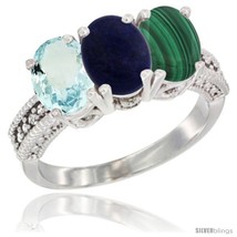 Size 5 - 10K White Gold Natural Aquamarine, Lapis &amp; Malachite Ring 3-Stone Oval  - £465.10 GBP