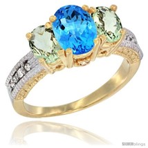 Size 8 - 10K Yellow Gold Ladies Oval Natural Swiss Blue Topaz 3-Stone Ring with  - £432.63 GBP