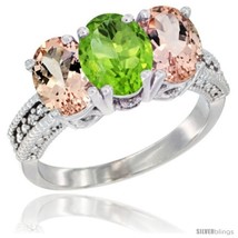 Size 10 - 10K White Gold Natural Peridot &amp; Morganite Sides Ring 3-Stone Oval  - £485.95 GBP