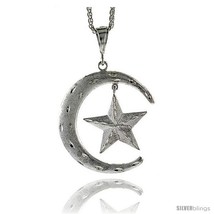 Sterling Silver Crescent Moon and Star Pendant, 2 3/4in  (69 mm)  - £111.48 GBP