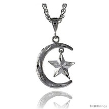 Sterling Silver Crescent Moon and Star Pendant, 1 1/4in  (32 mm)  - £22.29 GBP