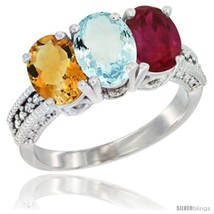 Size 5 - 14K White Gold Natural Citrine, Aquamarine &amp; Ruby Ring 3-Stone 7x5 mm  - £611.01 GBP