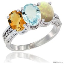 Size 6 - 14K White Gold Natural Citrine, Aquamarine &amp; Opal Ring 3-Stone 7x5 mm  - £601.12 GBP