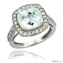 Size 8 - 10k White Gold Diamond Halo Aquamarine Ring Checkerboard Cushion 9 mm  - £916.63 GBP