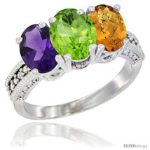 Size 7 - 14K White Gold Natural Amethyst, Peridot &amp; Whisky Quartz Ring 3-Stone  - £575.38 GBP