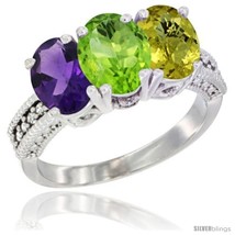 Size 6 - 14K White Gold Natural Amethyst, Peridot &amp; Lemon Quartz Ring 3-Stone  - £575.38 GBP