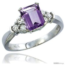 Size 10 - 14k White Gold Ladies Natural Amethyst Ring Emerald-shape 7x5 Stone  - £568.69 GBP