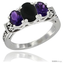 Size 9.5 - 14K White Gold Natural Black Onyx &amp; Amethyst Ring 3-Stone Oval with  - £556.87 GBP