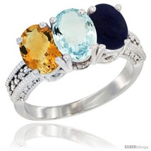 Size 7 - 14K White Gold Natural Citrine, Aquamarine &amp; Lapis Ring 3-Stone 7x5 mm  - $743.97