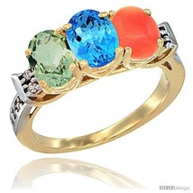 Size 8 - 10K Yellow Gold Natural Green Amethyst, Swiss Blue Topaz &amp; Coral Ring  - £412.69 GBP