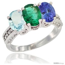 Size 8 - 10K White Gold Natural Aquamarine, Emerald &amp; Tanzanite Ring 3-Stone  - £552.16 GBP