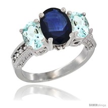 Size 7 - 10K White Gold Ladies Natural Blue Sapphire Oval 3 Stone Ring with  - £620.07 GBP