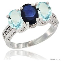 Size 7.5 - 10K White Gold Natural Blue Sapphire &amp; Aquamarine Sides Ring 3-Stone  - £550.86 GBP